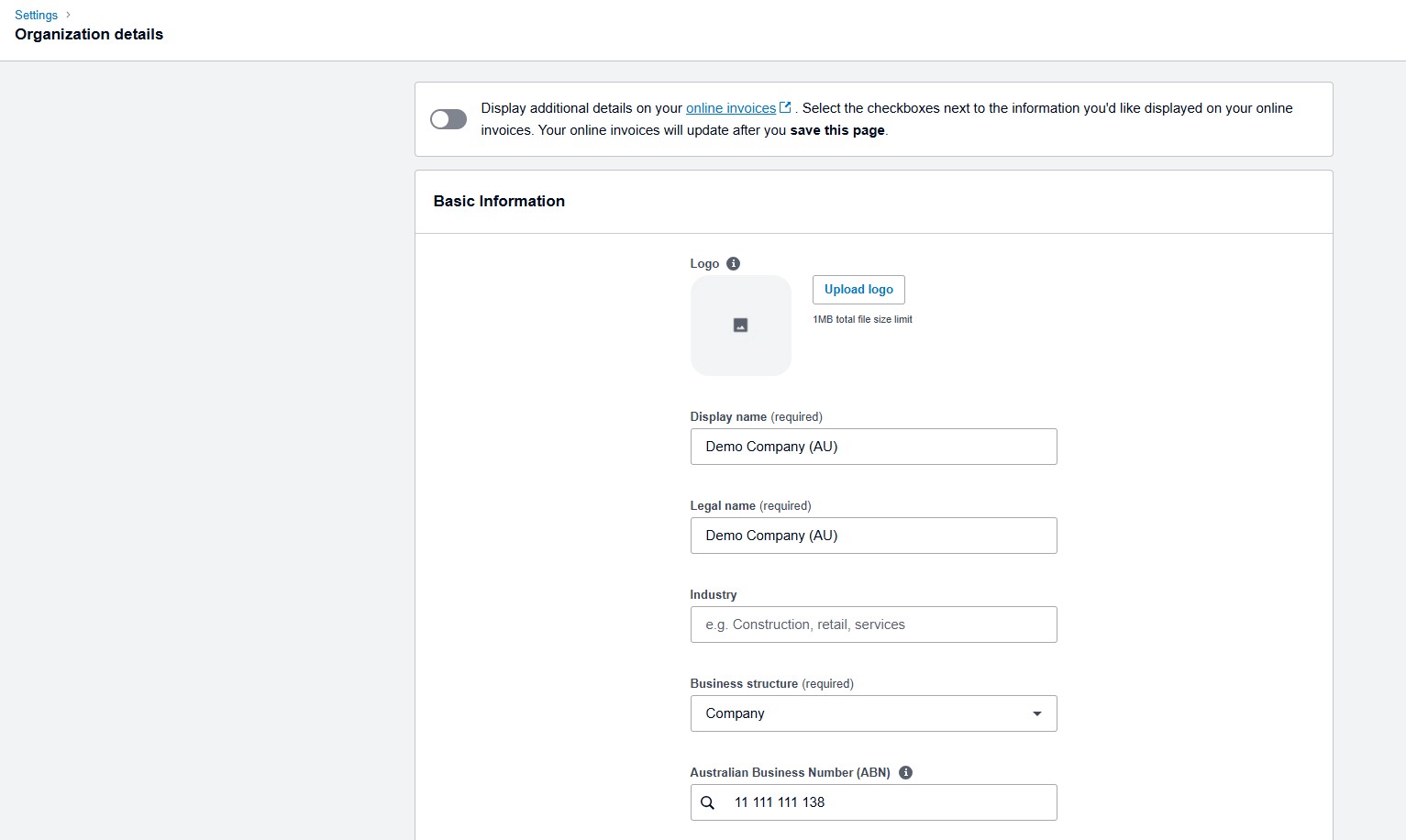 Xero Invoice Branding Settings