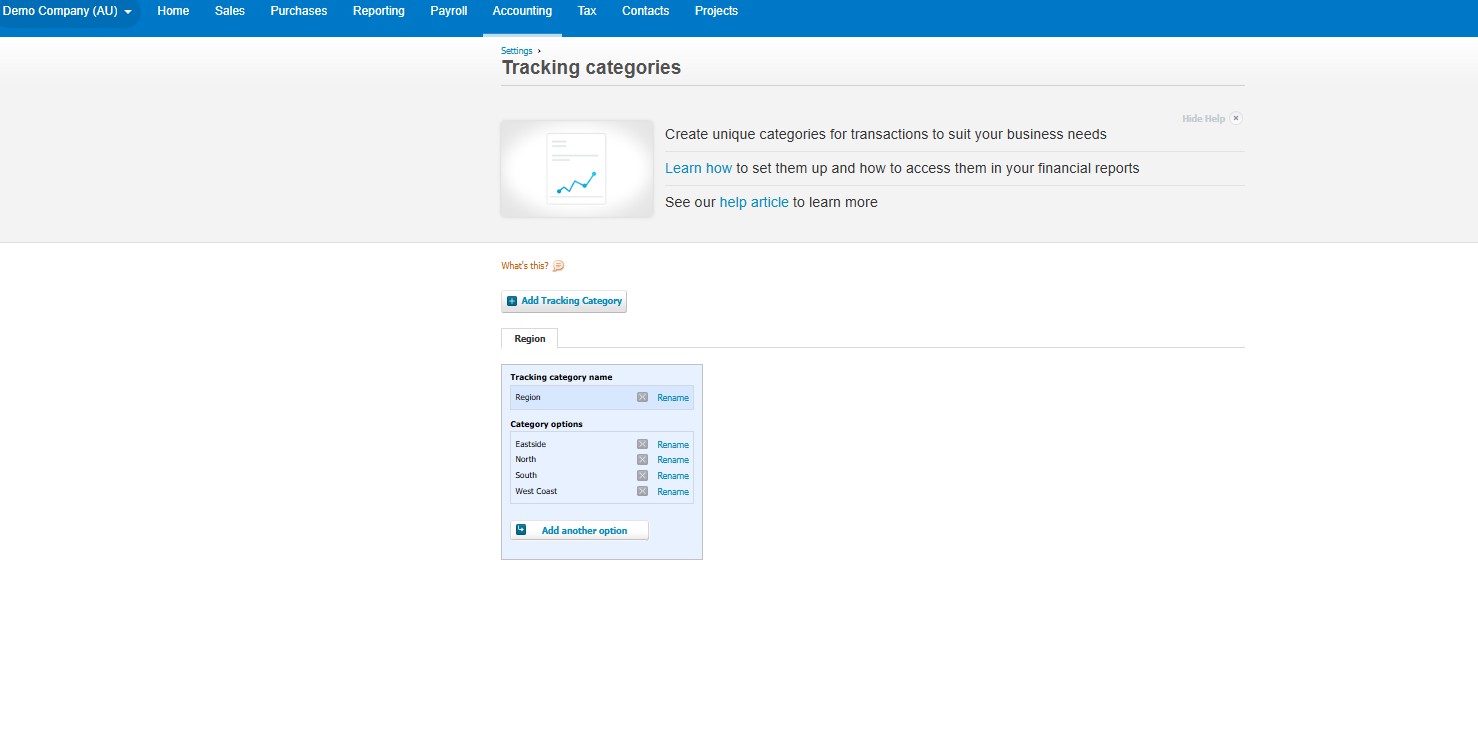 Xero Tracking Categories Screen