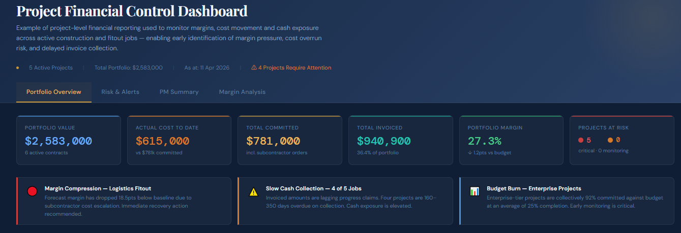 Project financial control dashboard showing portfolio overview and risk indicators